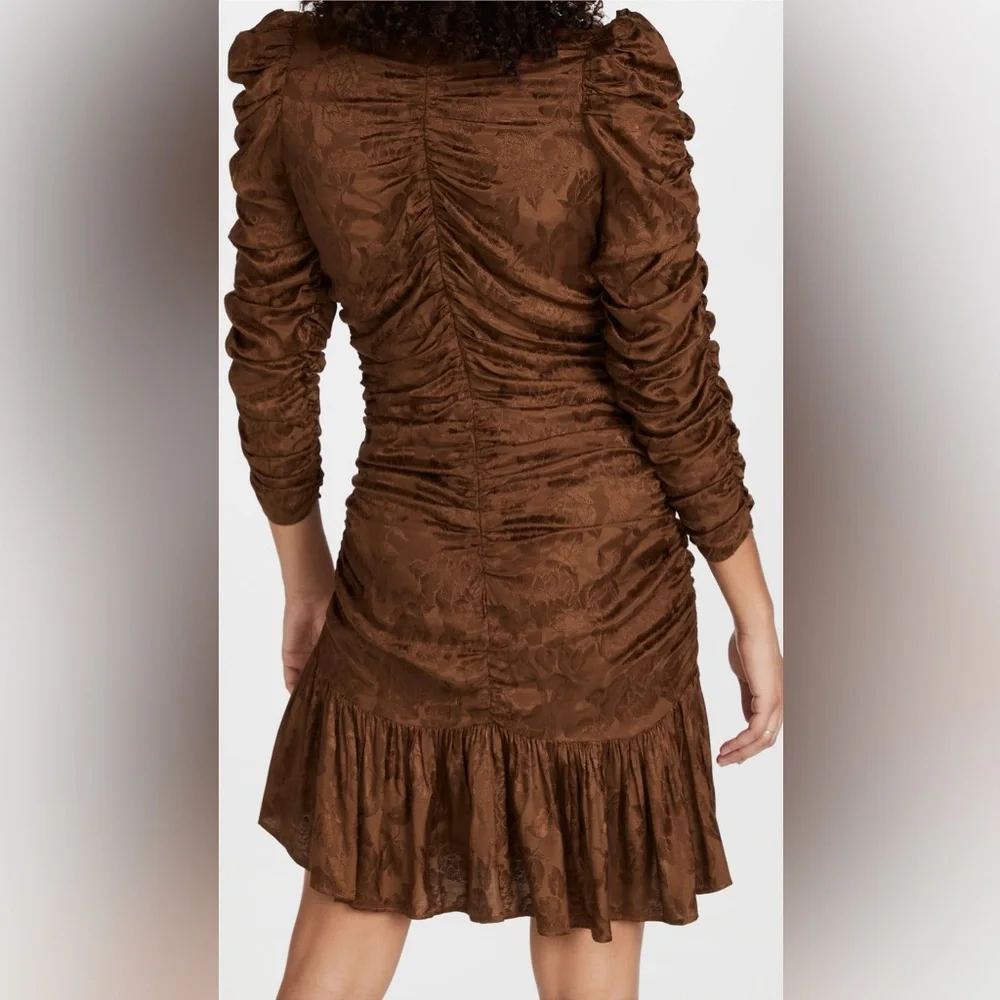 NWT ByTimo Jacquard Chocolate Brown Floral Ruched Ruffled Georgette Mini Dress - Picture 4 of 15